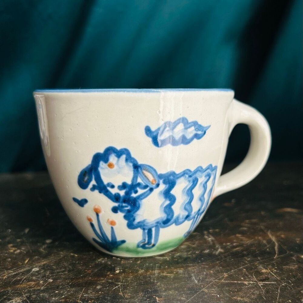 M. A. Hadley Signed Pottery Sheep Lamb Cup Mug Hand Painted “The End” USA